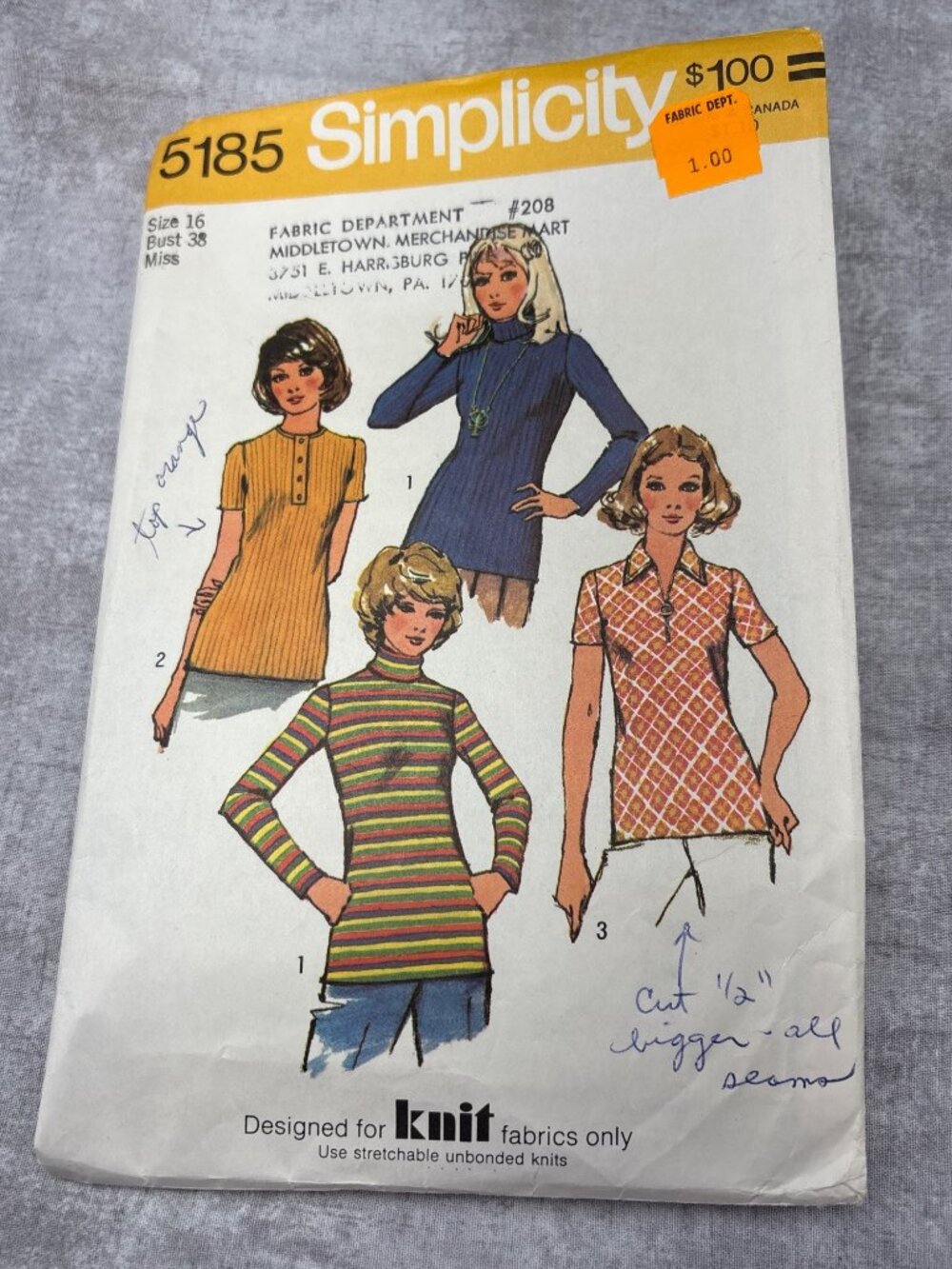 Simplicity 5185 Misses Shirt Sewing Pattern Size 16 1972 Vintage
